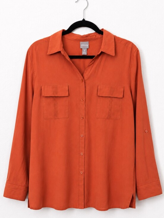 Chico's Tops - Chico's Rust Orange Utility Button Front Roll Tab Shirt Size 3 XL
